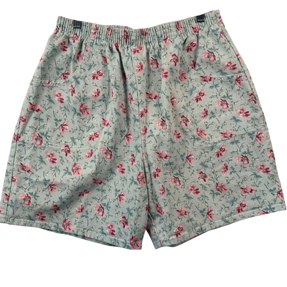 Vintage 90s Ease Sport Womens 12 Shorts Blue Floral Corduroy High Waist Elastic